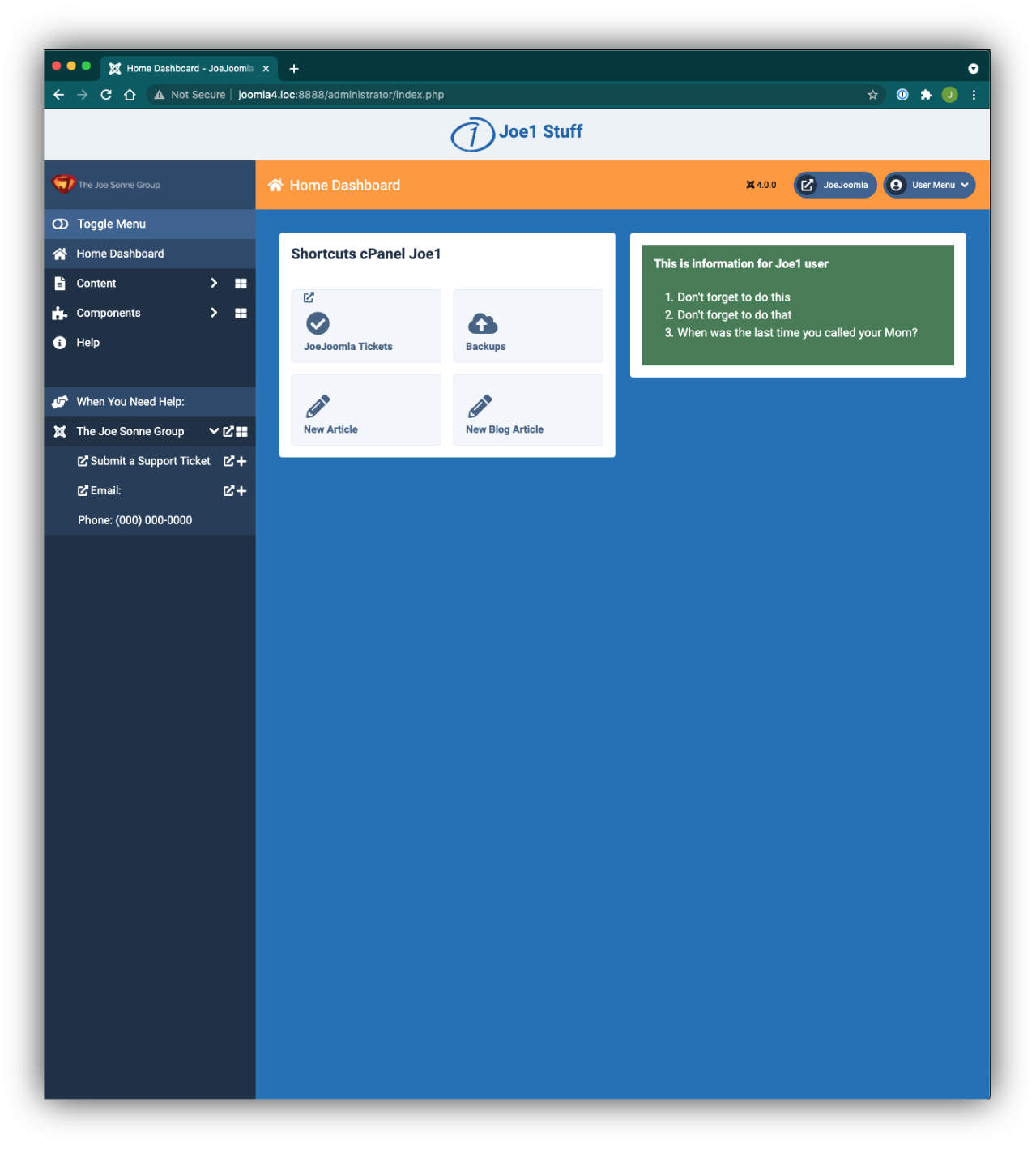 Joe1 administrator dashboard