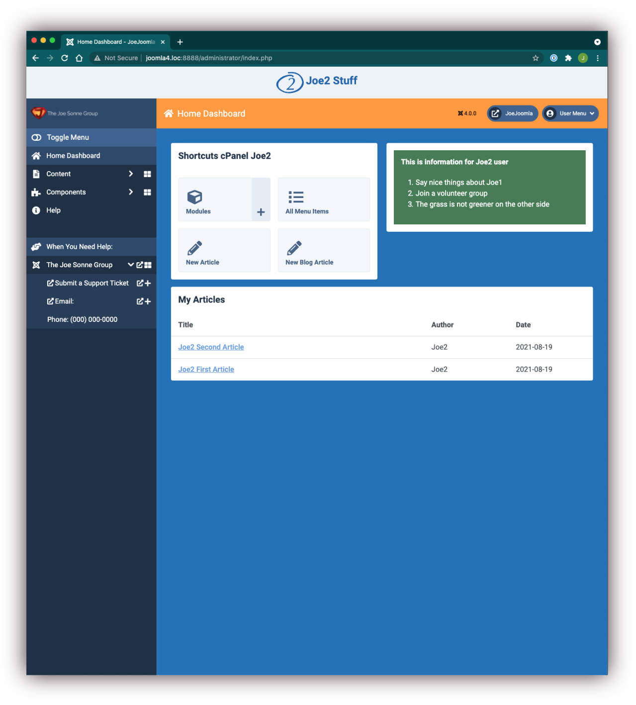 Joe2 administrator dashboard